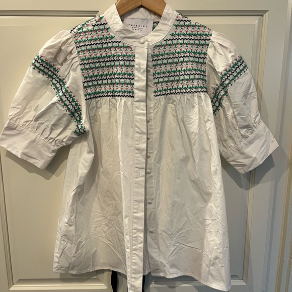 The Shirt by Rochelle Behrens White Blouse with Green and Pink Accents - Picture 1 of 12